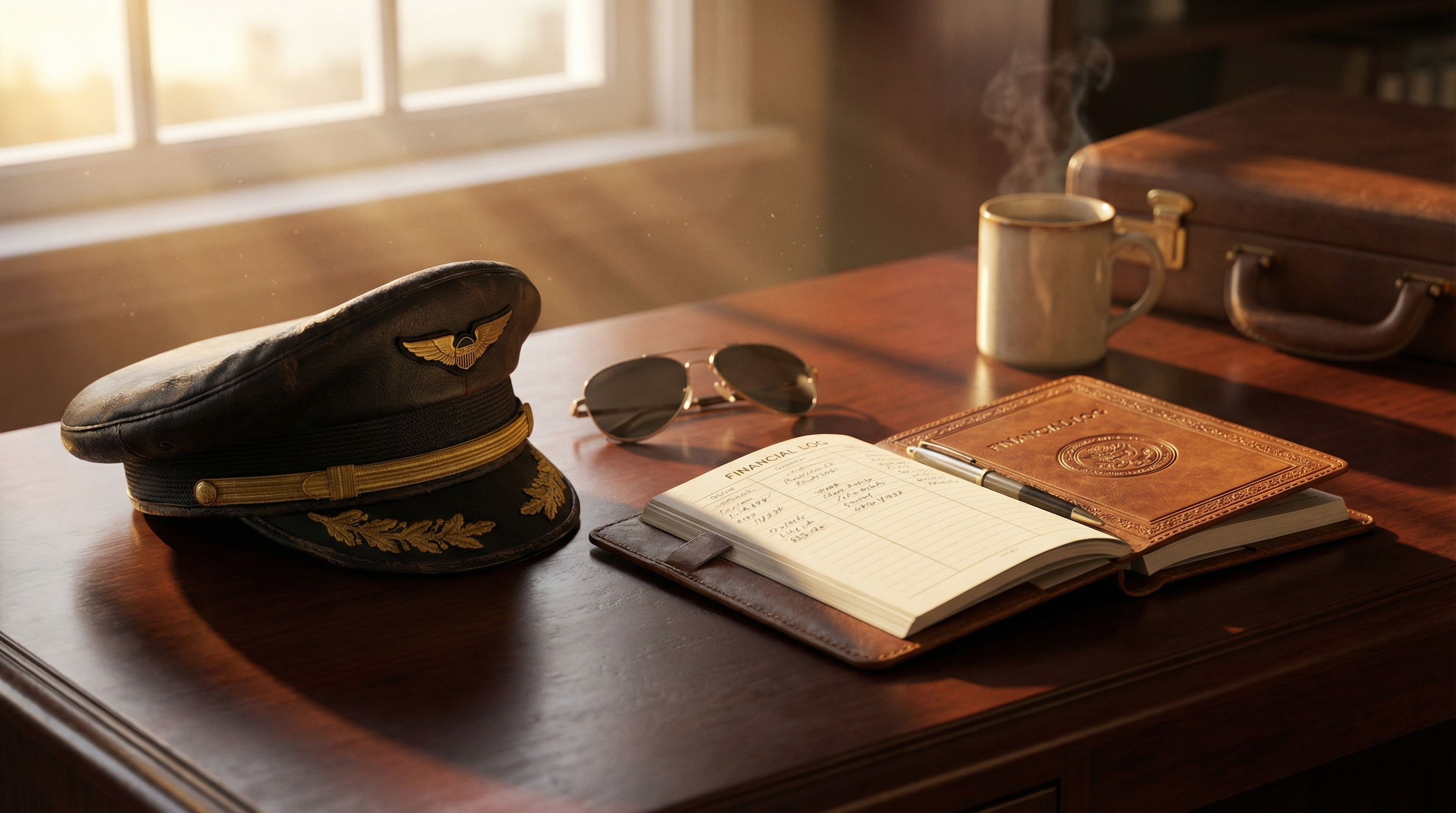 Pilot's desk with captain's hat and financial planning notebook
